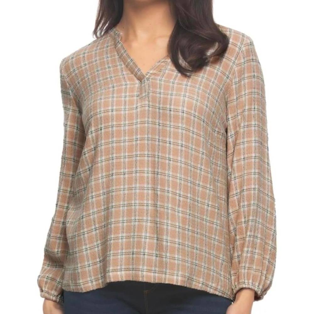 Felina Womens Plaid V-Neck Long Sleeve Blouse Tan Gold Metallic Shimmer